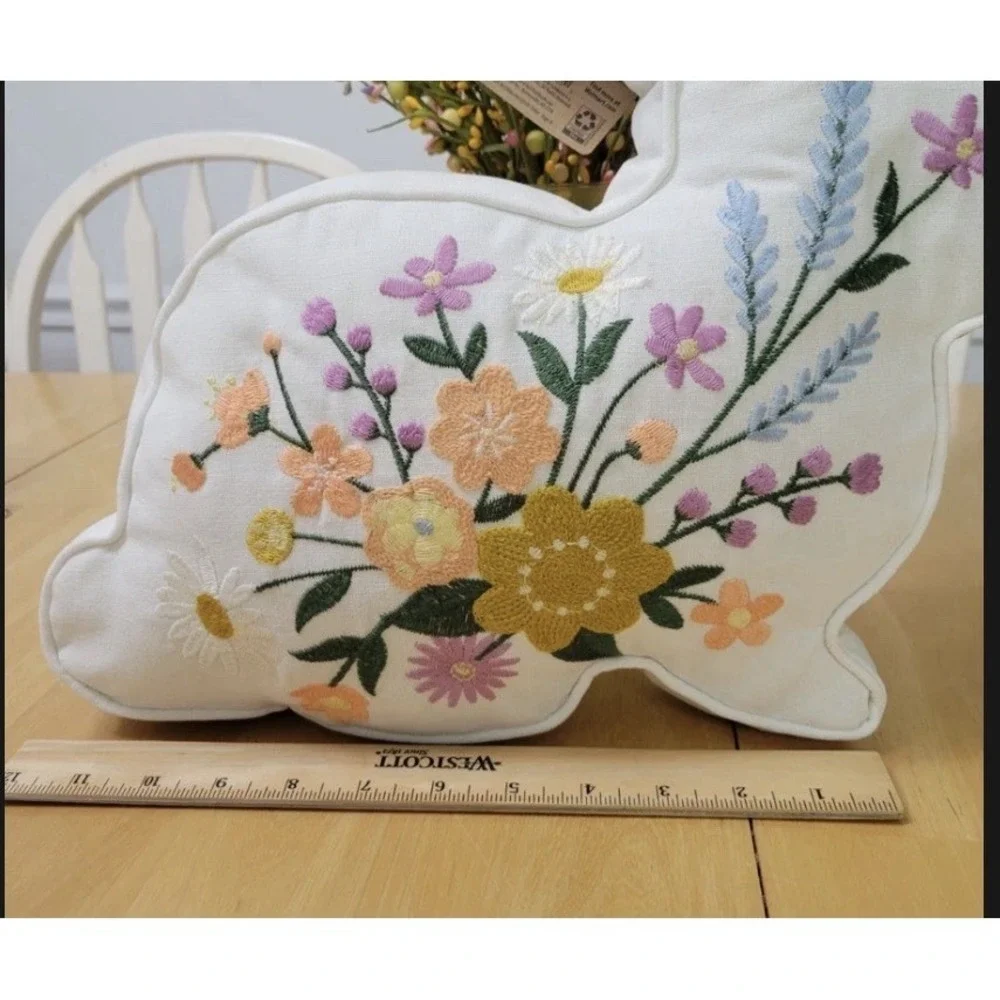 NWT Pastel Floral Embroidery‎ Pillow Bunny Shape, Garden Easter Decor